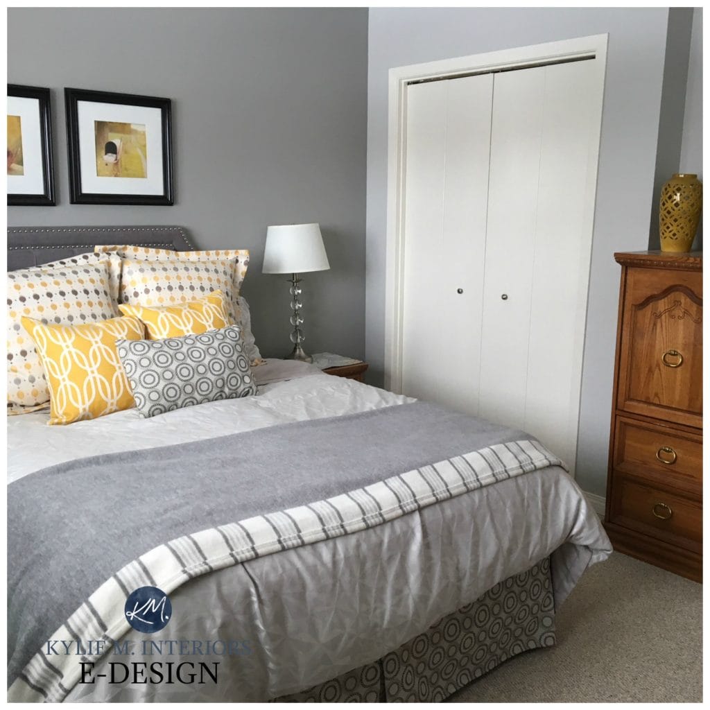 Sherwin Williams Big Chill and Ellie Gray feature wall. Best gray paint colours. Bedroom, beige carpet, natural light. Kylie M Interiors E-design, Online Paint Consulting