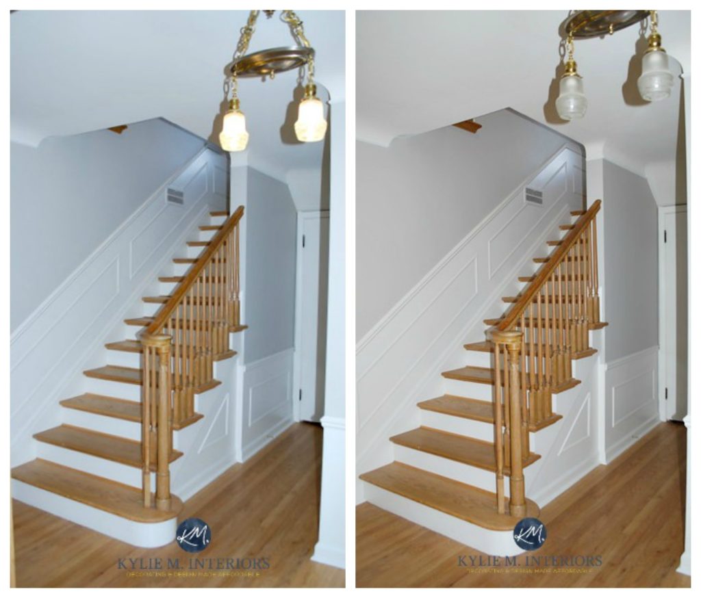 Sherwin Williams Big Chill with oak floor, stairs, white wainscoting with light bulbs off and on. Kylie M Interiors E-design