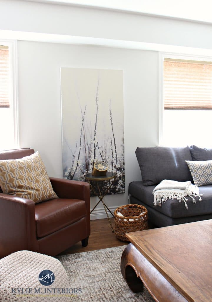 Sherwin Williams Creamy in family room. Leather accent chair and gray sectional. Kylie M INteriors E-design and ONline Color Consulting
