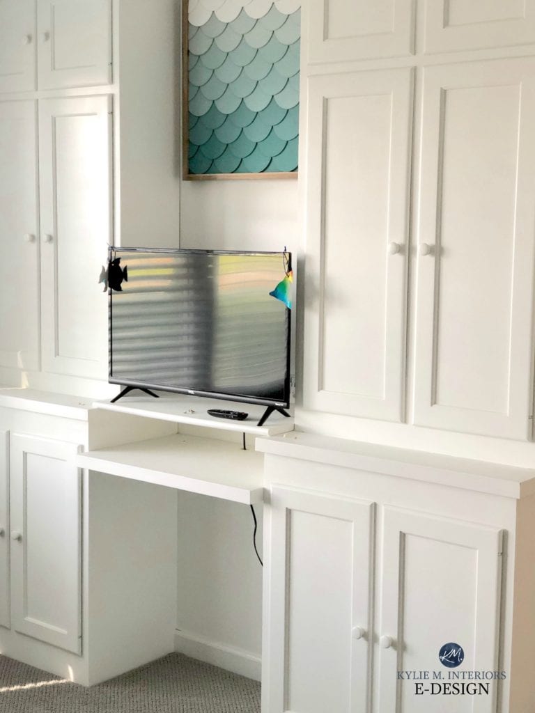 Sherwin Williams Pure White on cabinets in office, computer station in guest bedroom. Kylie M Interiors Edesign, online paint color consulting blog