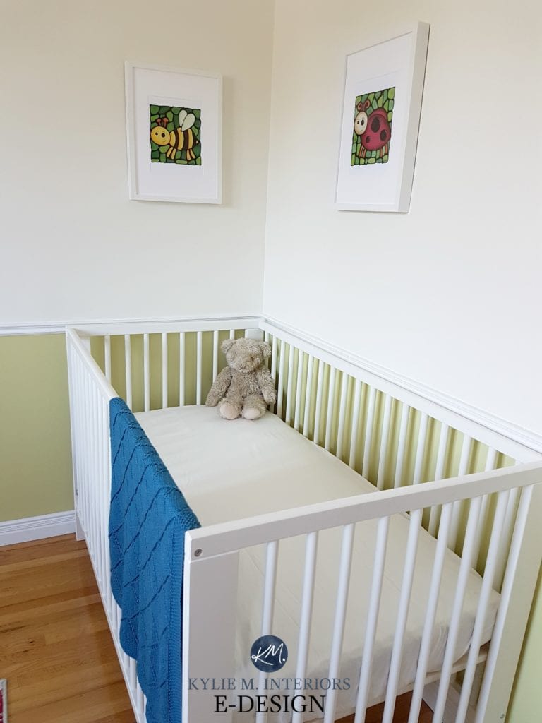 Unisex nursery paint colours of cream and green with chair rail. Kylie M Interiors Edesign, Benjamin Moore Timid White and Pale Avocado