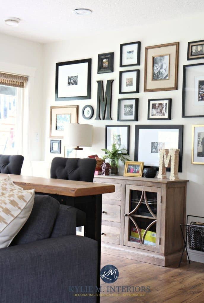family photo gallery wall above buffet with home decor. Kylie M Interiors Canadian e-design, edecor and online color expert