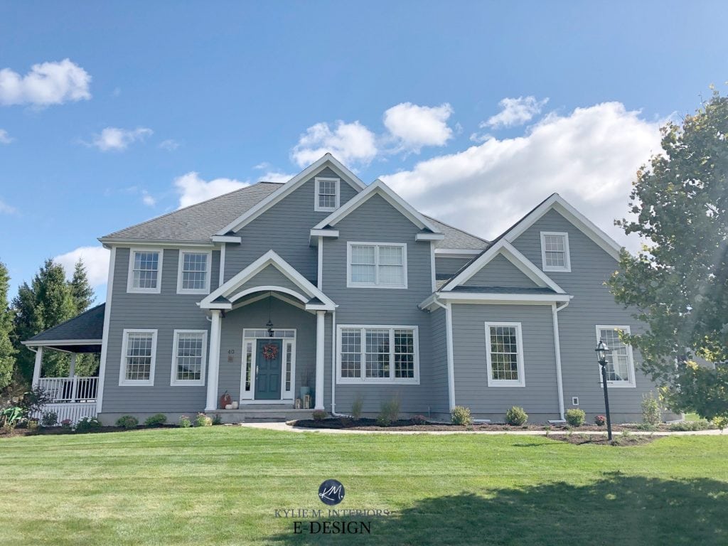 Best paint color for exterior and front door. Classic French Gray siding, Extra White and Stillwater front door. Exterior paint colour, pavers. Kylie M Interiors Edesign, online paint colour consultant. DIY decorating ideas blog