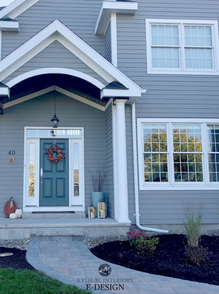 Classic French Gray siding, Extra White and Stillwater front door. Exterior paint colour, pavers. Kylie M Interiors Edesign, online paint colour consultant. DIY decorating ideas blog. Best paint color for siding or front door