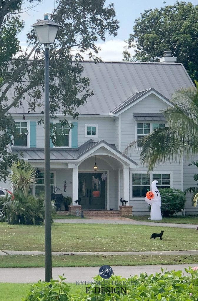Exterior metal roof, Benjamin Moore GRay Owl siding and Sherwin Williams Drizzle shutters. Kylie M Interiors Edesign, online paint color consulting