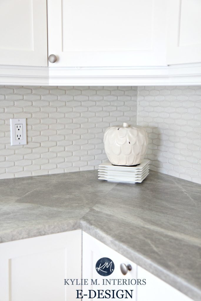 Formica Soapstone Sequoia greige laminate countertop in kitchen with cloud white cabinets. Kylie M E-design