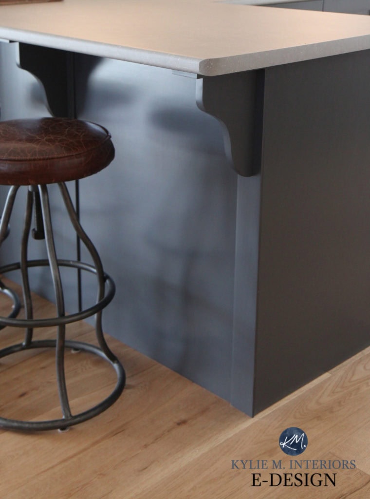 Benjamin Moore Cheating Heart painted cabinets, white oak flooring, Arborite Inukshuk concrete look countertop. Kylie M Interiors ONline paint color consultant