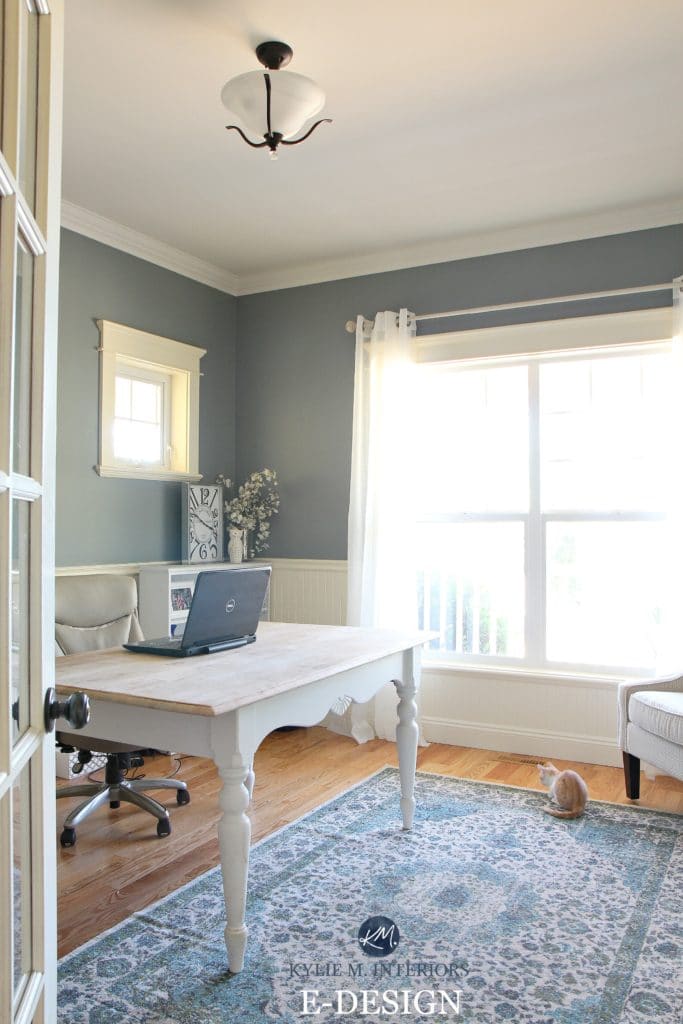 Benjamin Moore Sea Pine, Stonybrook. Home office with white wainscoting, country style. Kylie M E-design, online color consulting