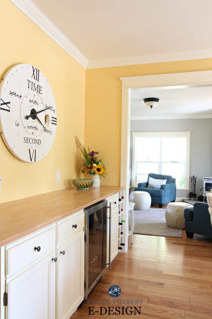 Benjamin Moore Suntan Yellow, Revere Pewter in home bar, beverage station in country style kitchen. KYlie M E-design