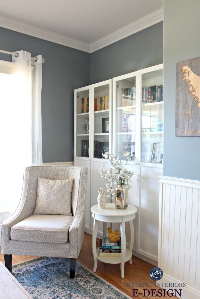 Best blue green paint colour. Benjamin Moore Sea Pine, Stonybrook. Ikea bookcases. Kylie M E-design, colour expert and Online consultant