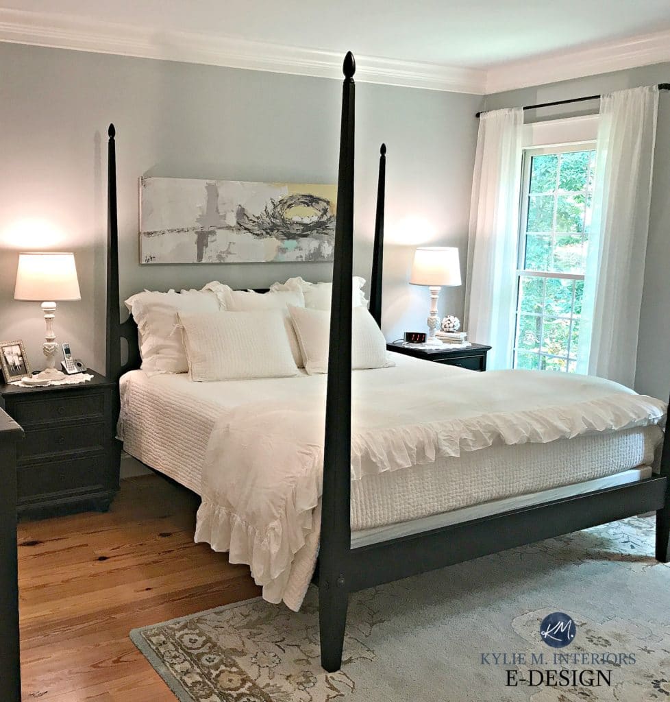 Benjamin Moore Arctic Gray, best blue paint colour. Master Bedroom, dark wood fruniture, pine flooring, white bed linens. Kylie M E-design, online colour expert