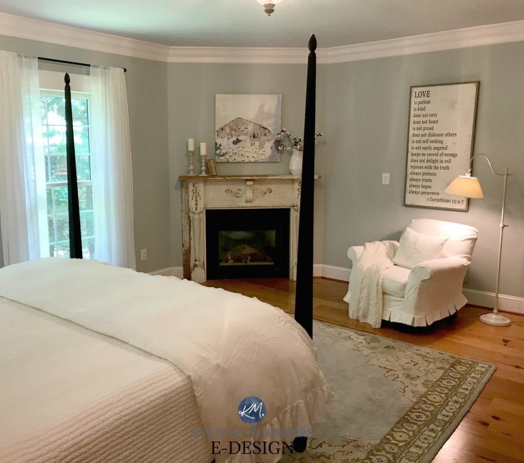 Benjamin Moore Arctic Gray in master bedroom. Farmhouse country style. Antique wood fireplace surround, mantel. Kylie M E-design. Online colour consultant