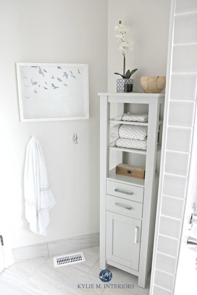 Benjamin Moore Classic Gray, east facing wall, gray linen tower with bathroom decor and design by Kylie M Interiors