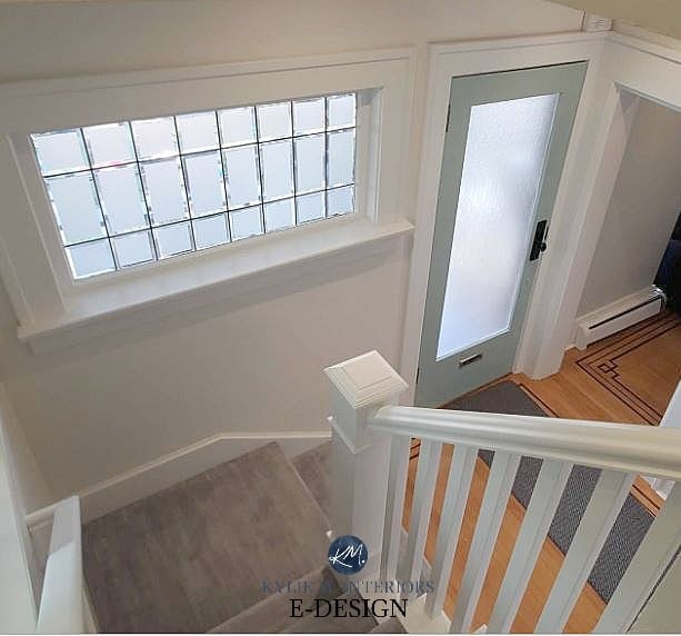 Benjamin Moore Oxford White painted wood trim, White Dove walls, Wythe Blue front door. Kylie M INteriors Edesign, online paint color consulting