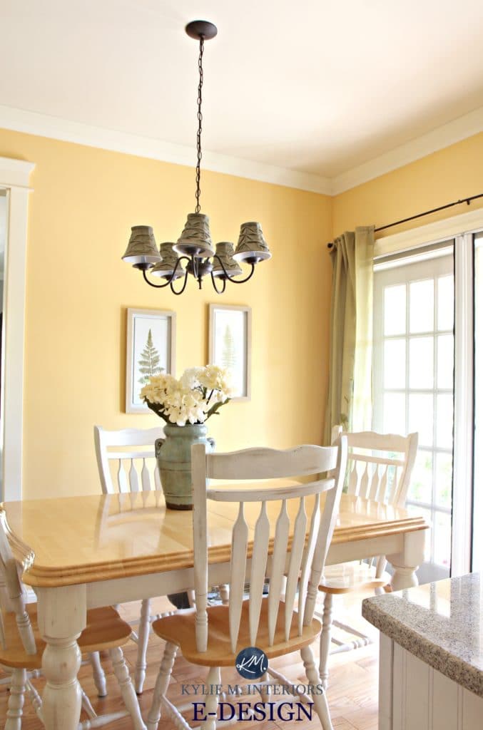Benjamin Moore Suntan Yellow, eating nook in country style kitchen. Kylie M E-design and paint colour expert online