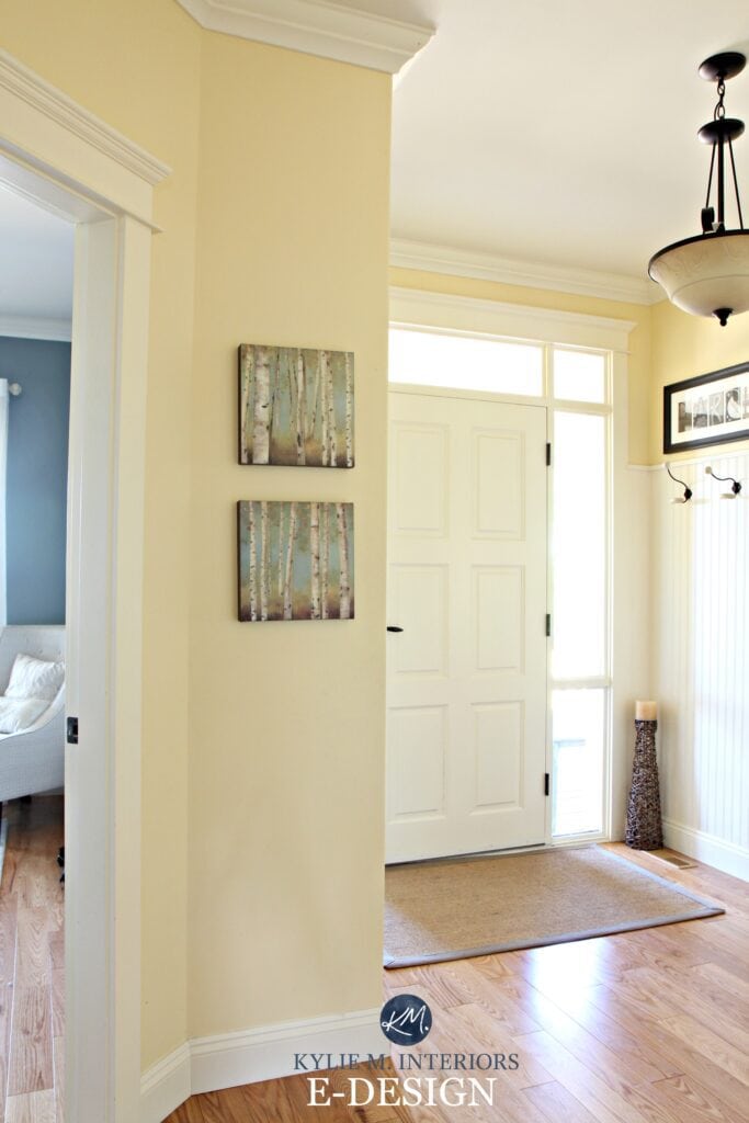 Best yellow paint colour. Buttermilk by Benjamin Moore. Entryway, foyer, country style with oak flooring. Kylie M E-design and online colour consulting expert