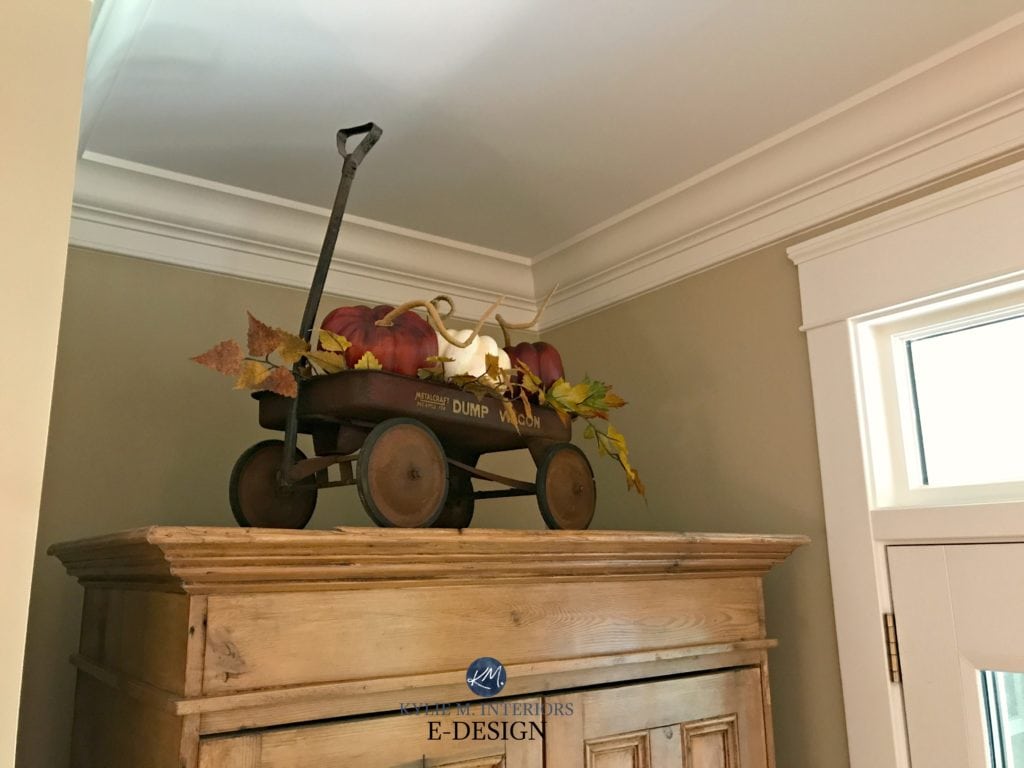 Fall, autumn decor idea with pumpkins. Pine furniture, Benjamin Moore Lenox Tan and Cloud White trim. KYlie M E-design