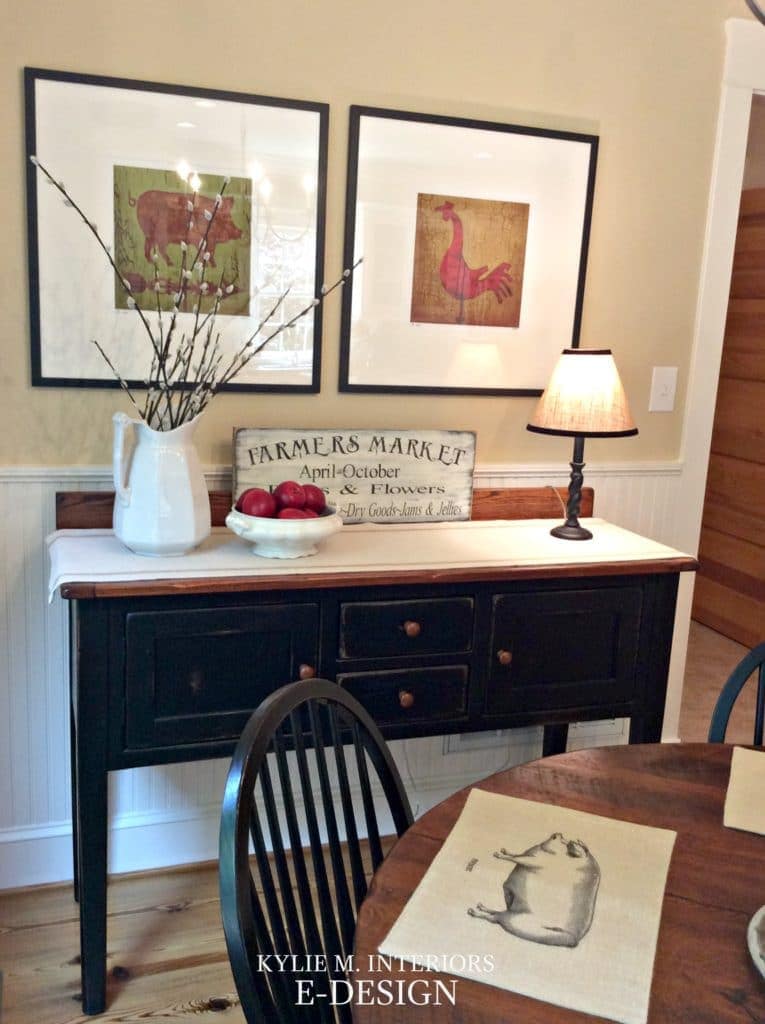 Farmhouse country style decor, black console, buffet with artwork, Kylie M E-design, virtual and E-design colour consultant