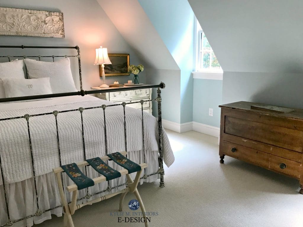 Guest bedroom, Benjamin Moore Woodlawn Blue with farmhouse country bed and decor. Kylie M E-design, virtual, online colour consulting