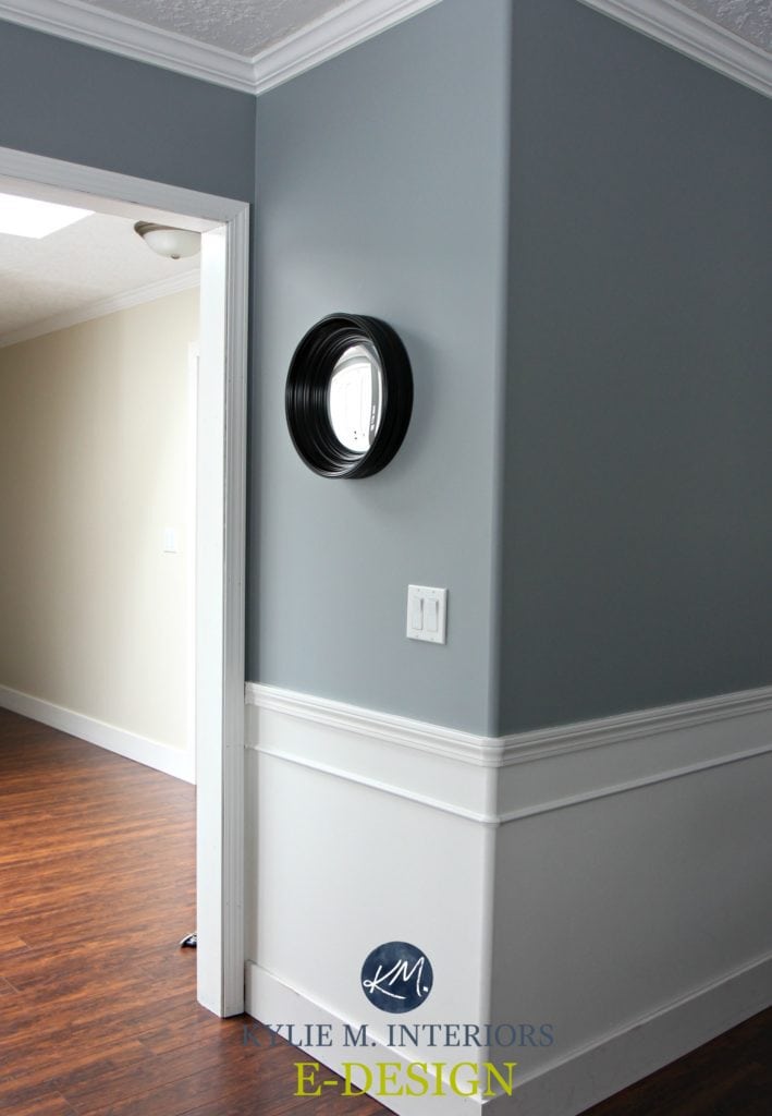 Sherwin Williams Network Gray, Albescent background,red cherry toned laminate flooring white wainscoting type walls. Kylie M Interiors E-design and Online Color consulting