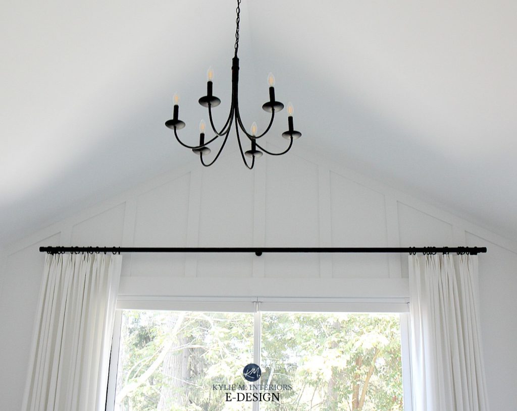 Bedroom with cathedral, vaulted ceiling, board and batten, High Reflective White, drapes and black rod and chandelier. Kylie M Interiors Edesign, online paint blogger and expert consultant