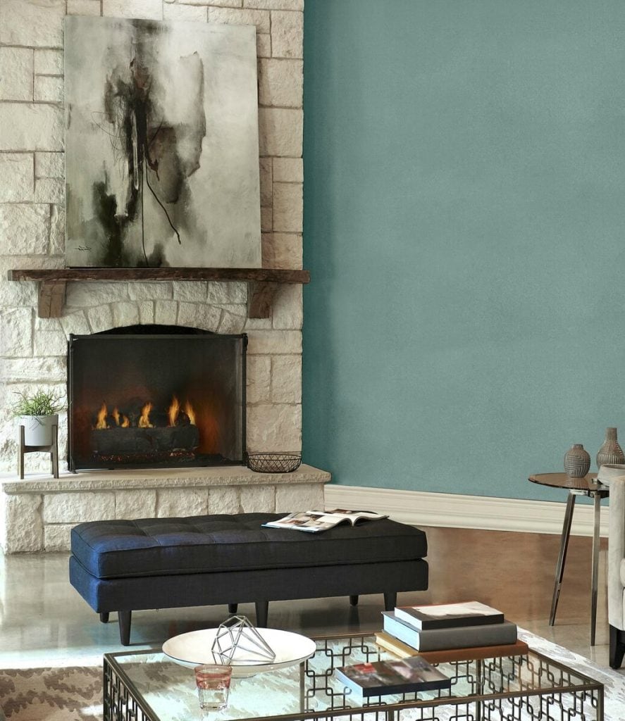 Behr In the Moment in a living room with stone fireplace. Photo via Behr. Info Kylie M Interiors paint colour decor blog
