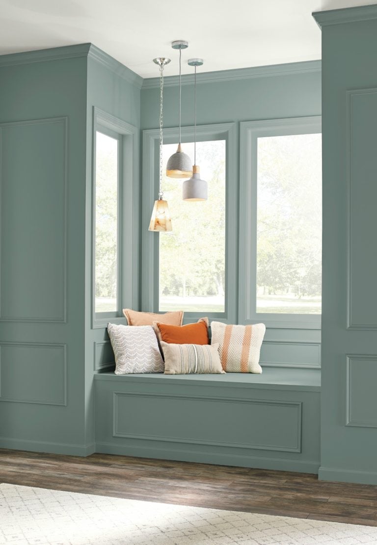 Behr in the Moment in a reading nook on painted wall panelling. Kylie M E-decor, paint expert blog, photo via Behr