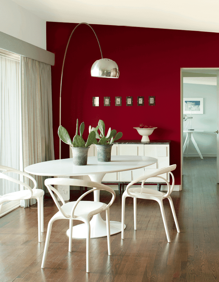 Benjamin Moore colour of the year Caliente, red paint colour on feature wall, dining room. Via BM, info via Kylie M E-design expert advice
