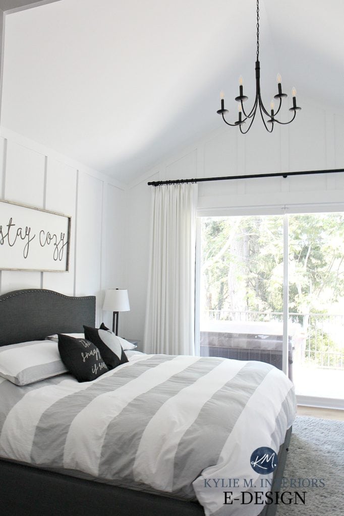 Romantic farmhouse style bedroom, Sherwin Williams High Reflective White board and batten, vaulted ceiling, chandelier. Kylie M Interiors Edesign, online paint color consultant