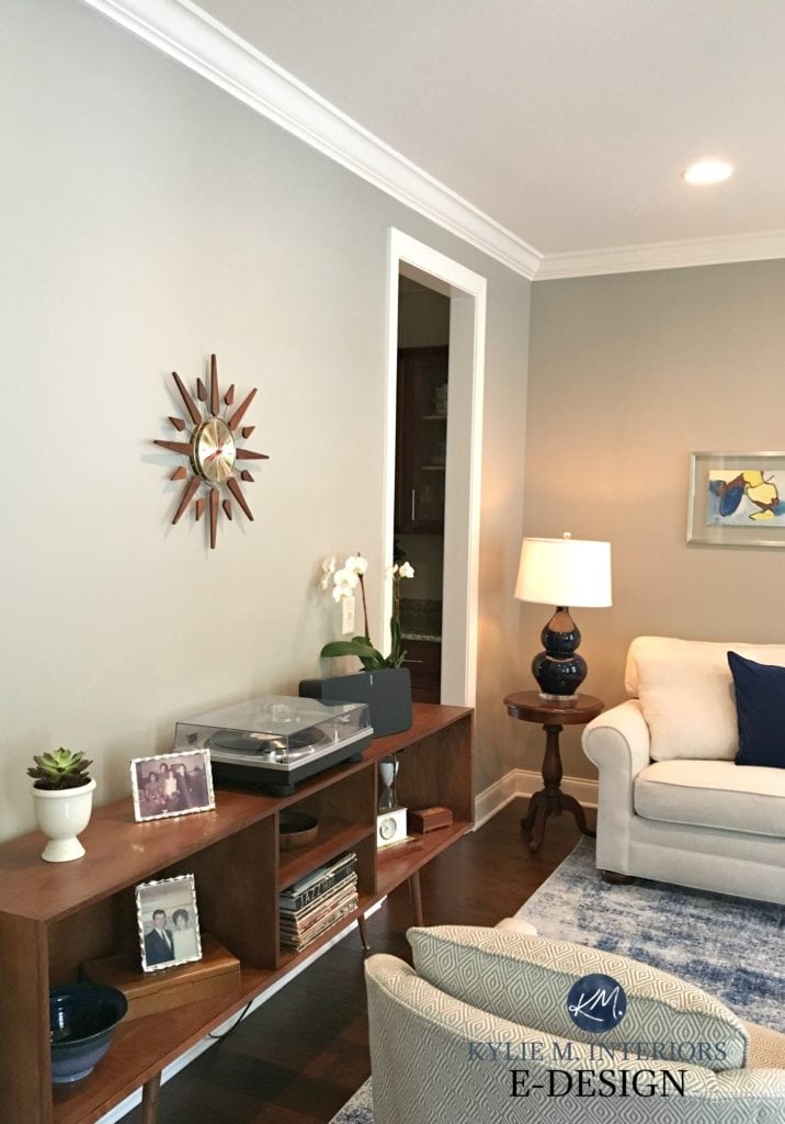Benjamin Moore Plymouth Rock, Kylie M E-design. transitional living room. greige paint colour