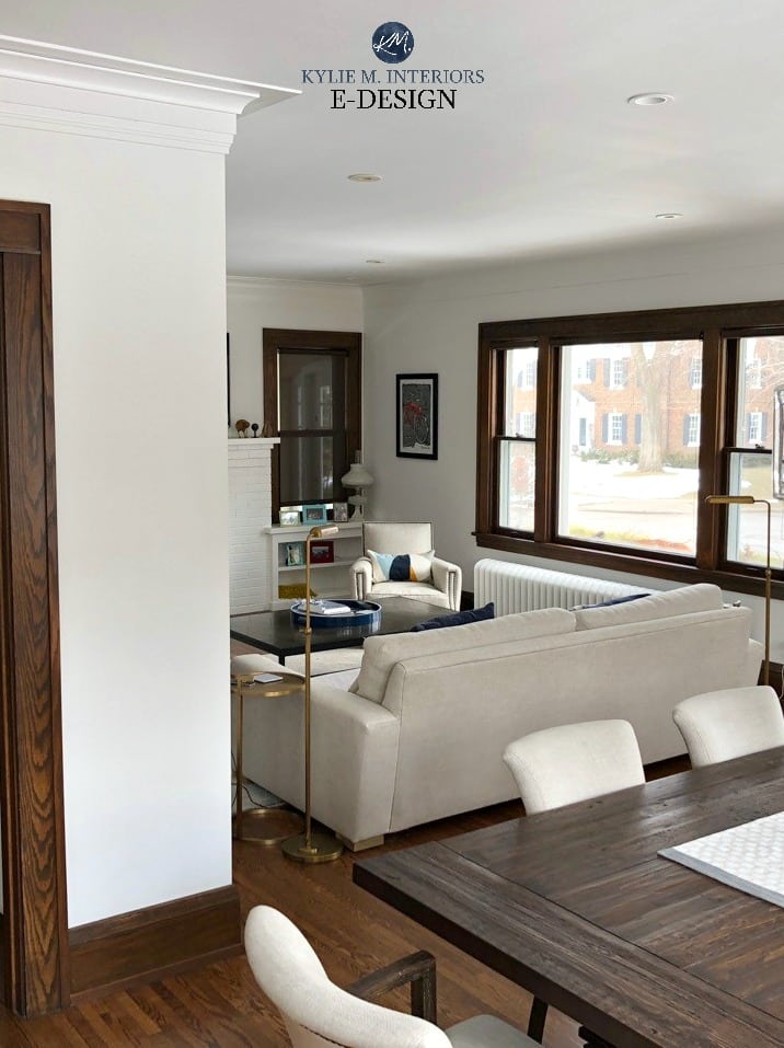 Best paint colours dark wood trim, Similar to Benjamin Moore White Dove of Dove Wing. Kylie M INteriors e-design, client before photo