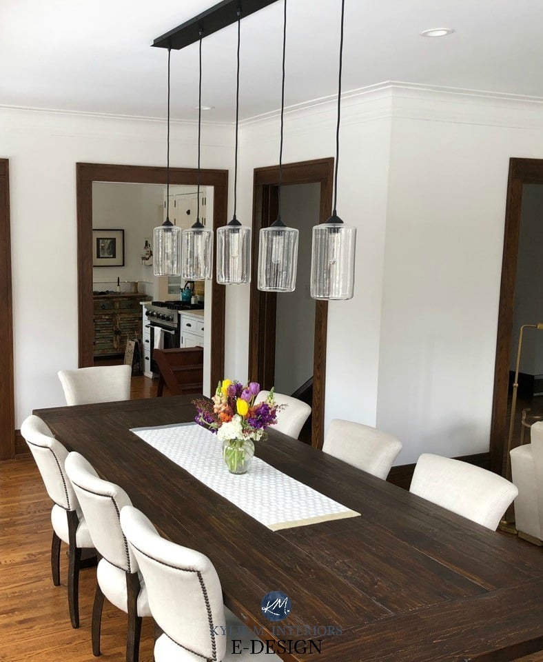 Best paint colours to go with dark wood trim, doors and floor. Kylie M INteriors Ediesng, similar to BM White Dove or Dove Wing. Client before photo