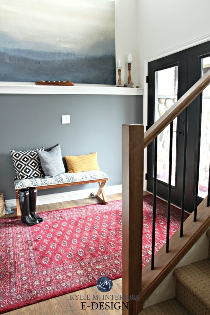 Entryway, Kylie M E-design, online color consultant. Benjamin Moore Steel Wool, Creamy, black interior front door, red and navy accents