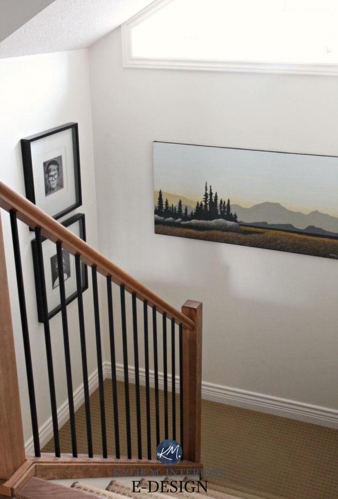 LRV, light reflectance value in stairwell. Kylie M E-designs, Ken Kirkby artwork. Sherwin Williams Creamy