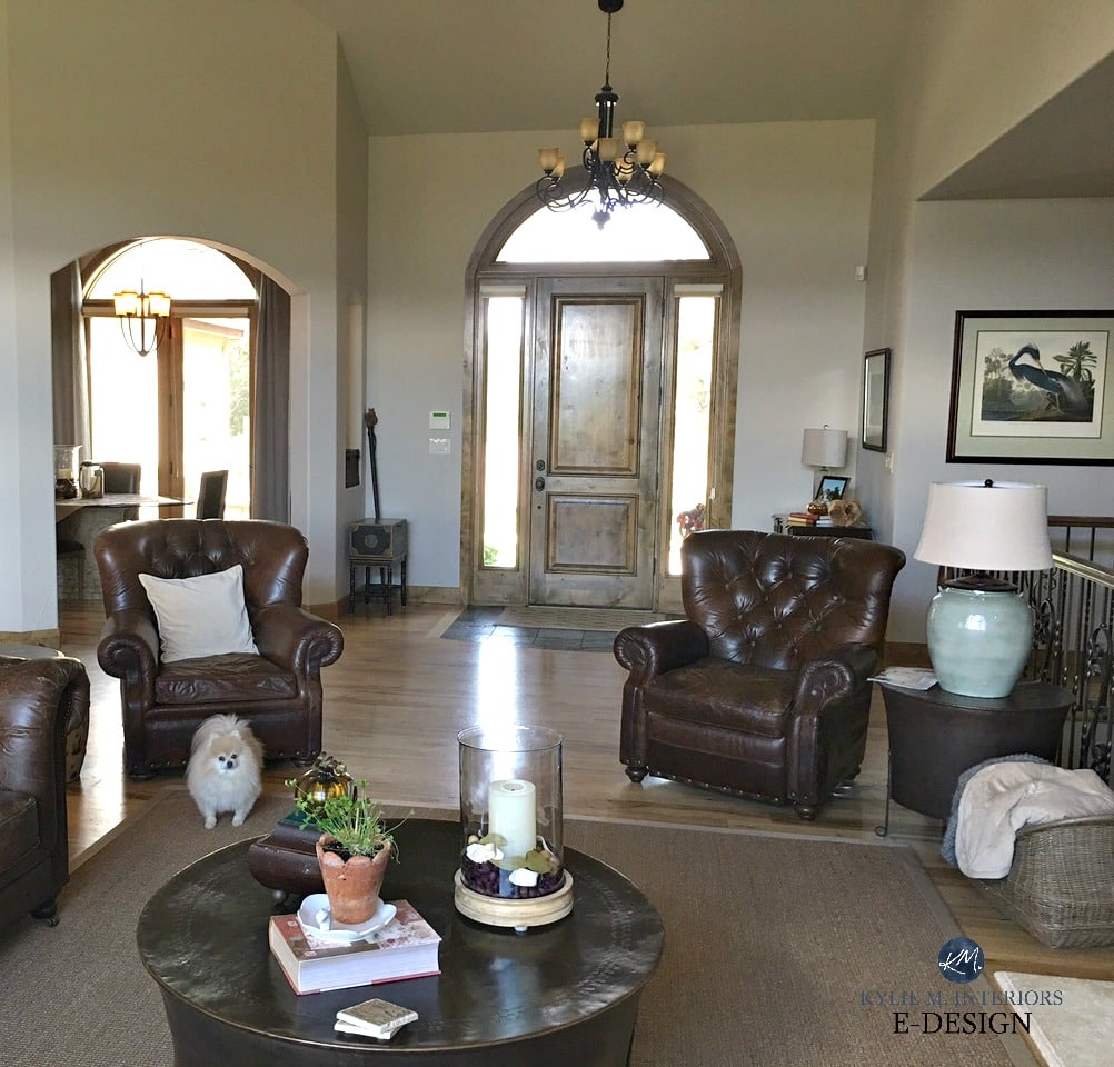 Sherwin Williams Accessible Beige paint colour in open layout with brown leather furniture. Kylie M E-design, online colour expert