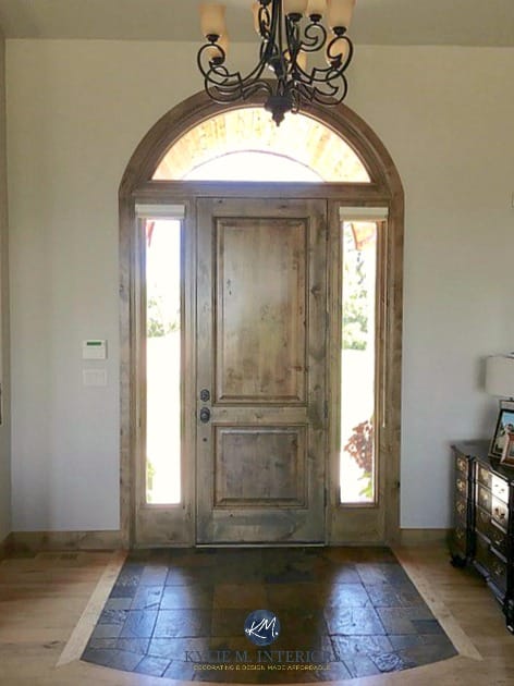 Sherwin Williams Accessible Beige with wood front door and slate tile and floor. Kylie M E-design