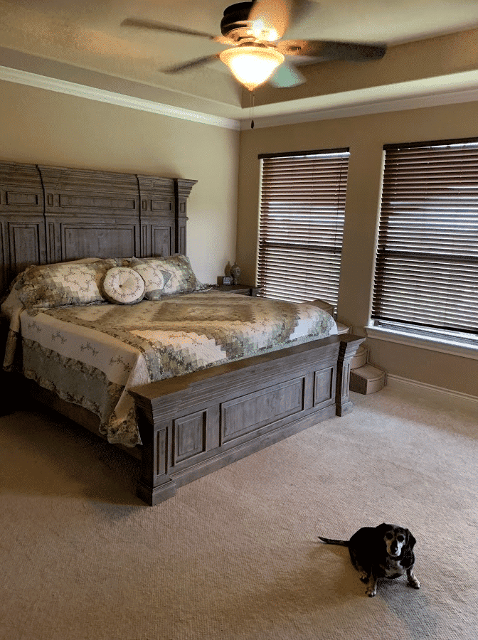 Bedroom with beige carpet before being painted