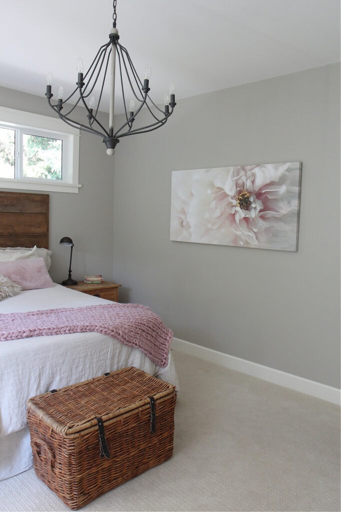 Benjamin Moore Revere Pewter, gray paint color, beige off-white carpet, pink rose accents, chandelier in bedroom, Cloud White trim