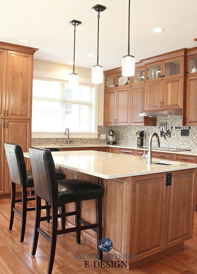 Ideas to update oak wood, maple or cherry kitchen cabinets with backsplash, hardware and more. Kylie M Interiors Edesign, online paint color advice blogger