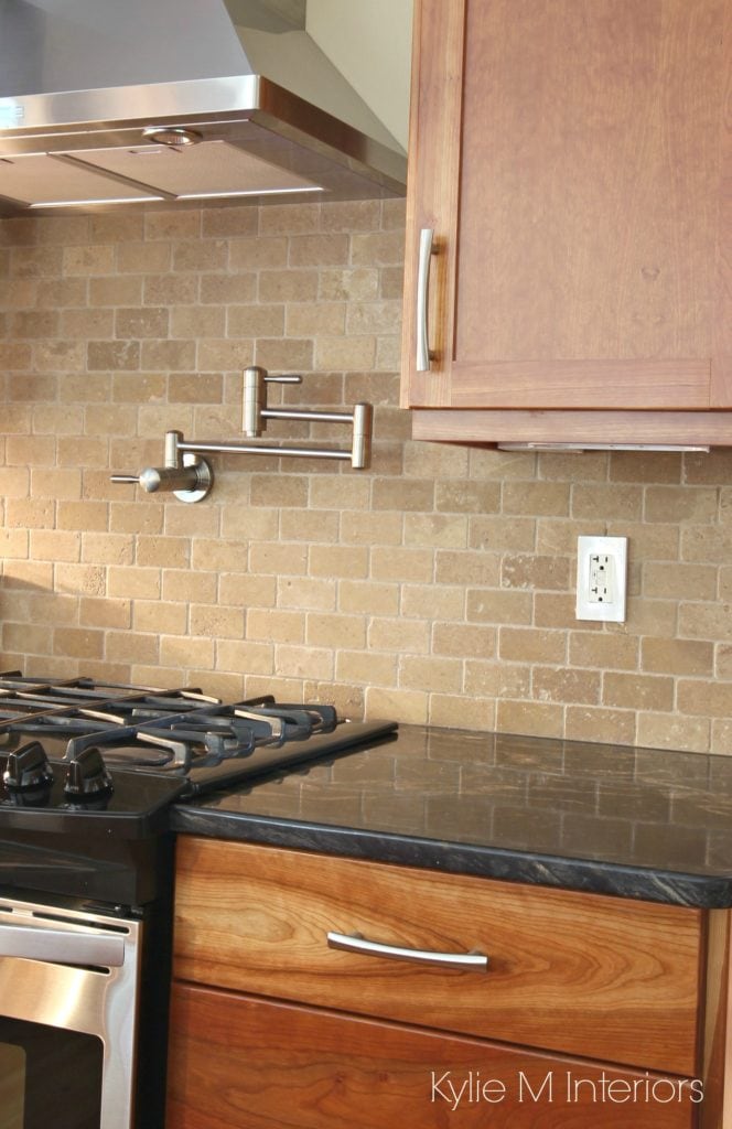 Ideas to update wood cabinets, oak, cherry or maple with new hardware and backsplash. Kylie M Interiors Edesign, online paint color advice and blog