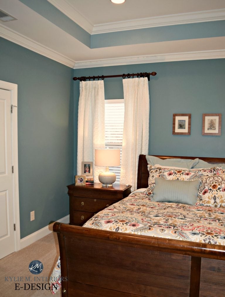 Kylie M E-design, Sherwin Williams Moody Blue and Interesting Aqua in bedroom with tray ceiling and beige carpet (2)