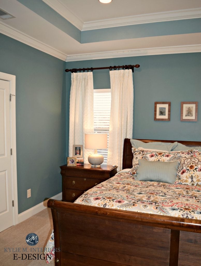 Kylie M E-design, Sherwin Williams Moody Blue and Interesting Aqua in bedroom with tray ceiling and beige carpet (2)