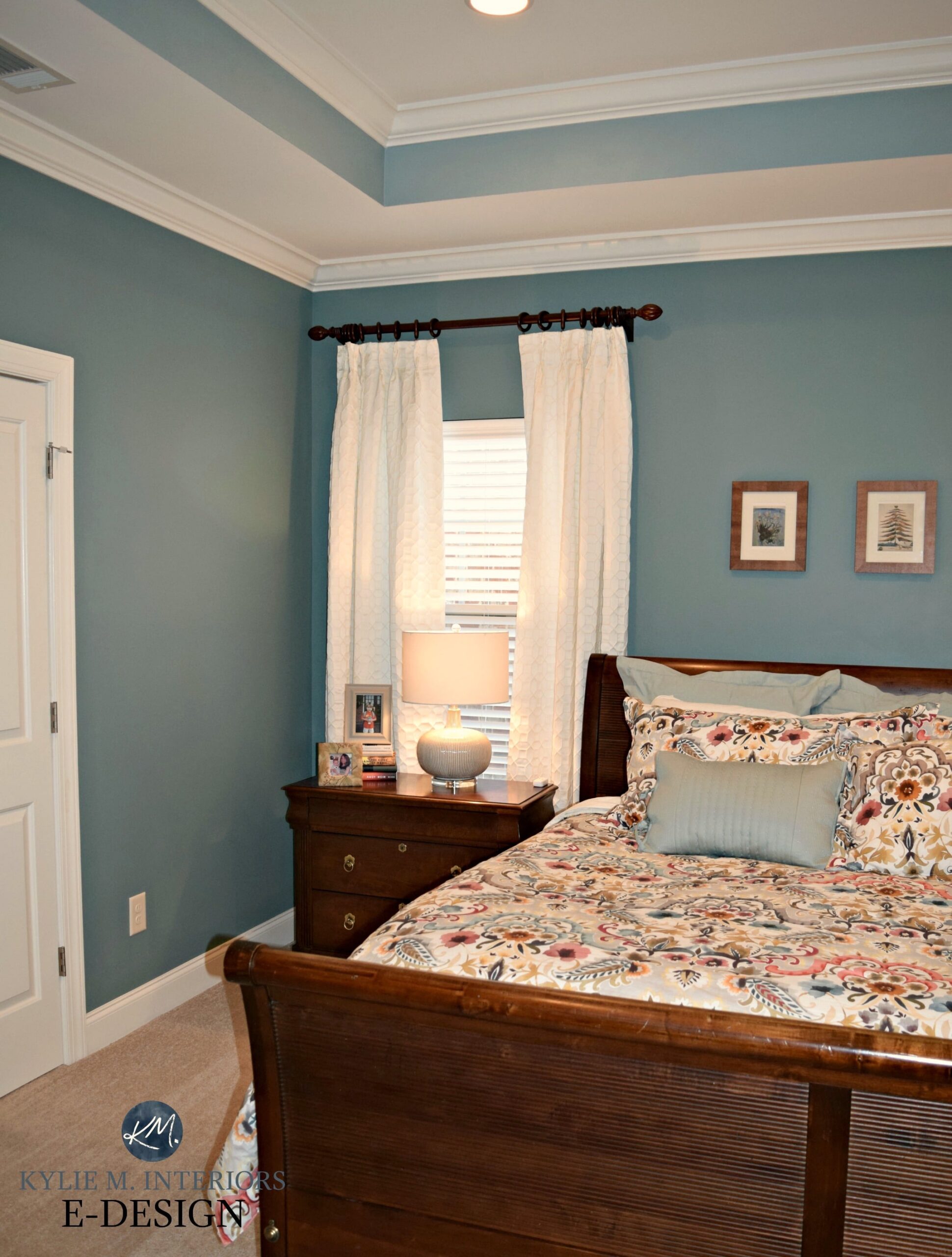 Kylie M E-design, Sherwin Williams Moody Blue and Interesting Aqua in bedroom with tray ceiling and beige carpet (2)