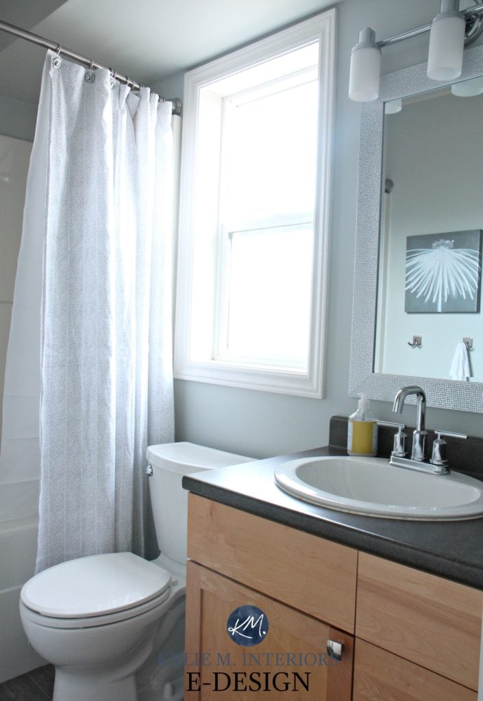Paint Color review, Sherwin Williams Silver Strand, gray colour. Bathroom maple cabinet, white fixtures, east facing light. Undertones and more. Kylie M INteriors E-design