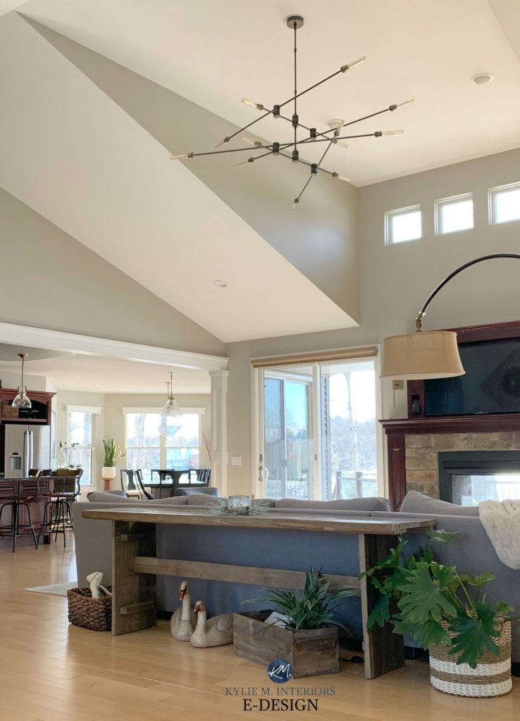 Paint colour review, Benjamin Moore Revere Pewter, open concept livingroom, vaulted ceiling. best warm gray paint colour. Kylie M Interiors Edesign, online paint color consulting. Client photo