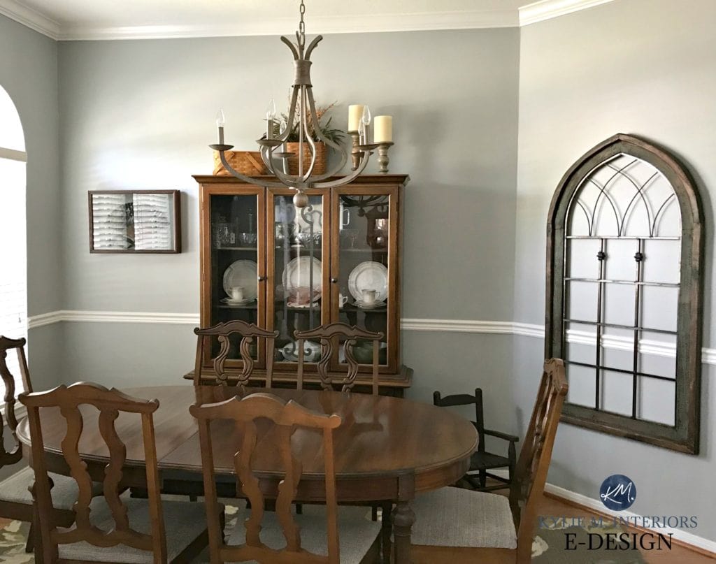 Sherwin Williams ARgos in dining room with formal, traditional wood furniture and chair rail. Kylie M E-design, online paint color consultant
