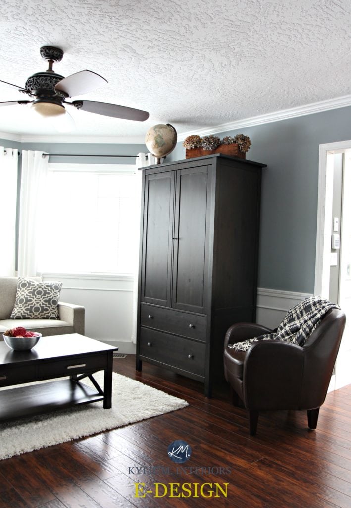 Sherwin Williams Network Gray with black armoire and cherry toned red laminate flooring in south facing living room with white trim. Kylie M Interiors E-design and Online consulting - edecor