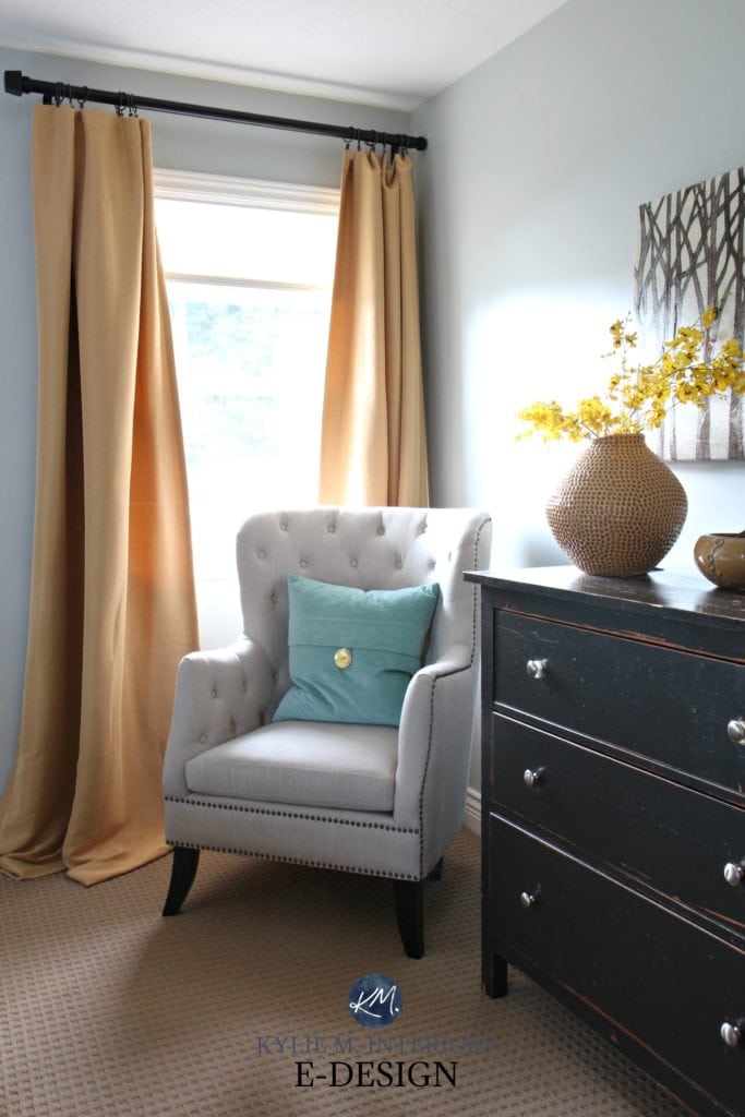 Sherwin Williams Silver Strand gray paint colour review. Teal and gold accents. South facing room, beige carpet. Kylie M INteriors E-design, online paint expert