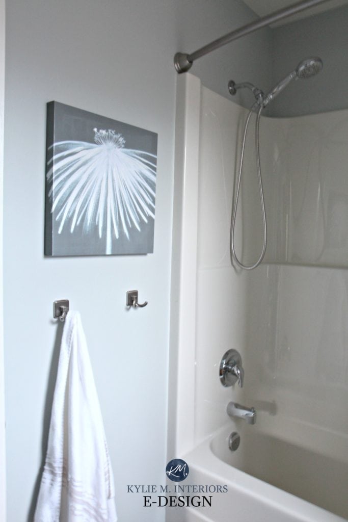Sherwin Williams Silver Strand in bathroom off-white almost bone shower surround. Paint Colour review. Kylie M Interiors E-design