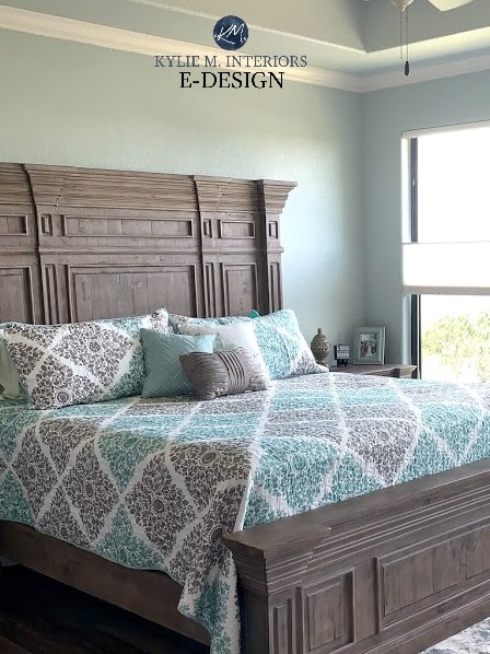 Sherwin Williams Silver Strand, north east facing light in this bedroom with white trim and tray ceiling, gray wash wood headboard and footboard. Kylie M Interiors Edesign